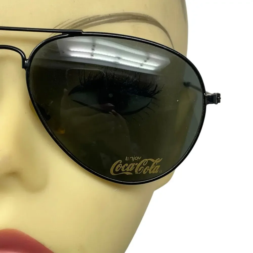 Coca-Cola Vintage Aviator Sunglasses Black Metal Frame Green Lens Coke Logo